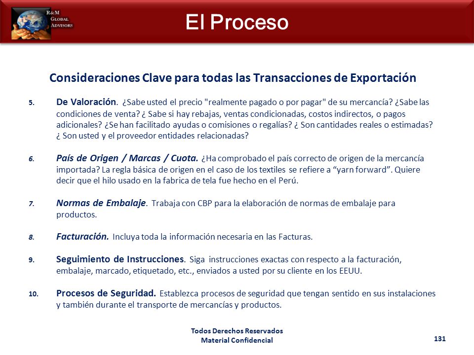 El Proceso Consideraciones Clave para todas las Transacciones de Exportación.