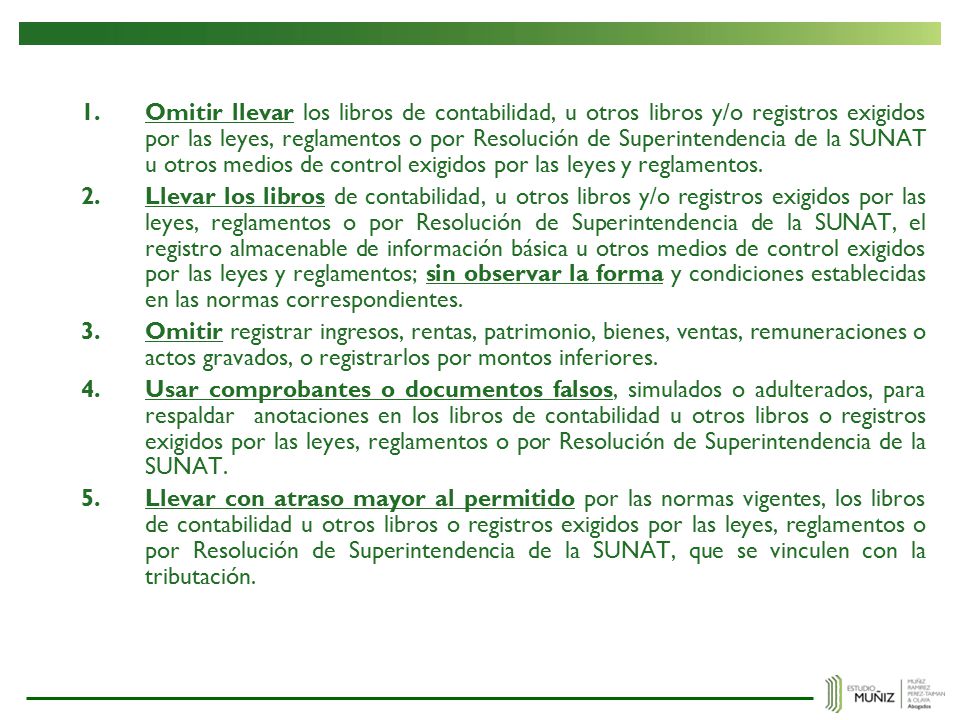 Omitir llevar los libros de contabilidad, u otros libros y/o registros exigidos por las leyes, reglamentos o por Resolución de Superintendencia de la SUNAT u otros medios de control exigidos por las leyes y reglamentos.
