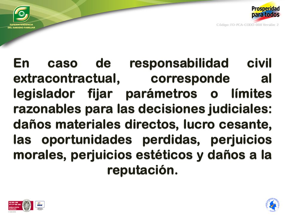 En caso de responsabilidad civil extracontractual, corresponde al legislador fijar parámetros o límites razonables para las decisiones judiciales: daños materiales directos, lucro cesante, las oportunidades perdidas, perjuicios morales, perjuicios estéticos y daños a la reputación.