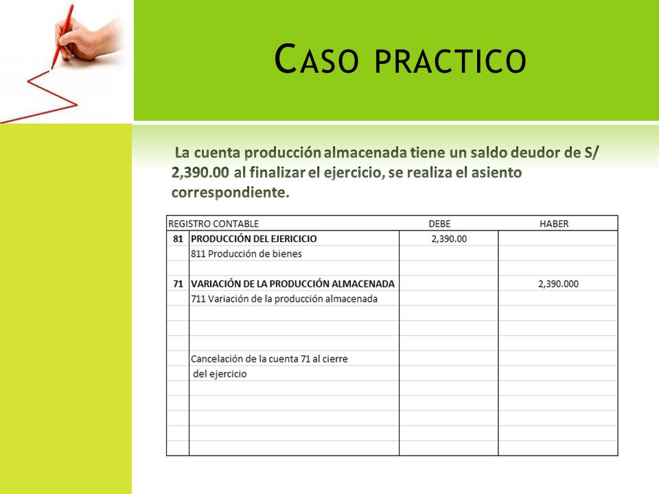 Caso practico La cuenta producción almacenada tiene un saldo deudor de S/ 2, al finalizar el ejercicio, se realiza el asiento correspondiente.