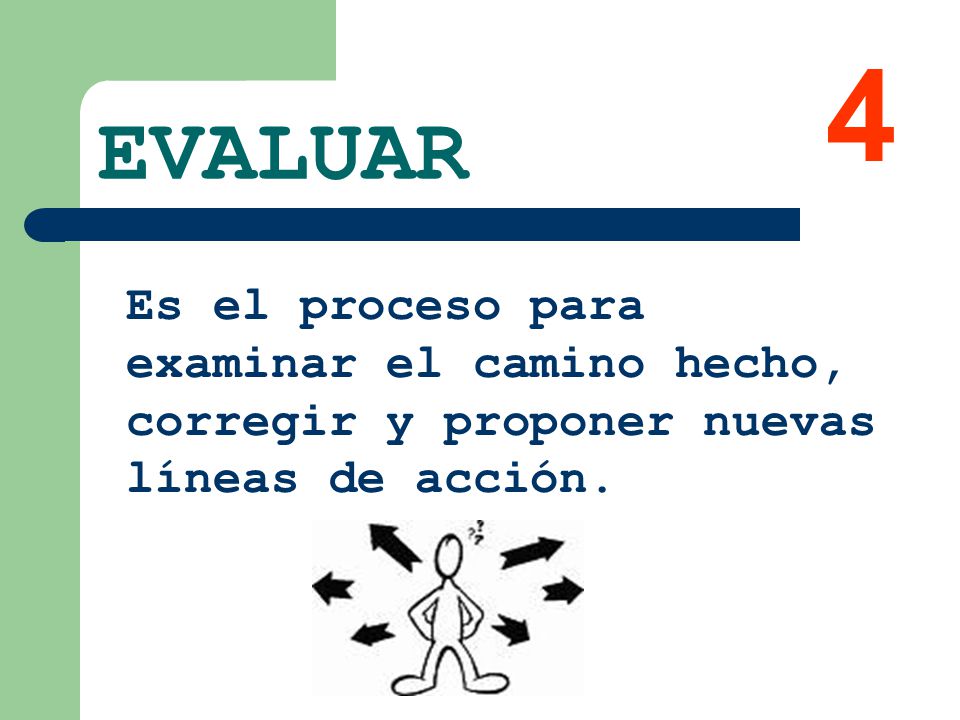 4 EVALUAR Es el proceso para examinar el camino hecho, corregir y proponer nuevas líneas de acción.
