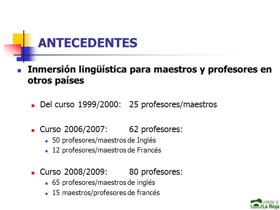 ANTECEDENTES Inmersión lingüística para maestros y profesores en otros países. Del curso 1999/2000: 25 profesores/maestros.