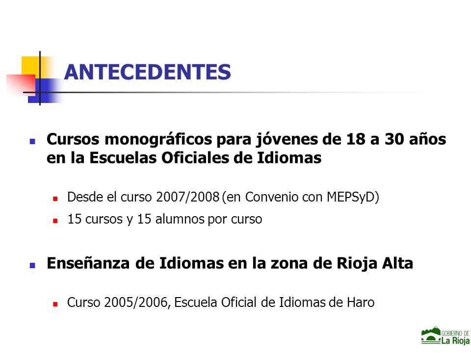 ANTECEDENTES Cursos monográficos para jóvenes de 18 a 30 años en la Escuelas Oficiales de Idiomas. Desde el curso 2007/2008 (en Convenio con MEPSyD)