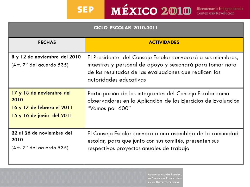 CICLO ESCOLAR FECHAS. ACTIVIDADES. 8 y 12 de noviembre del (Art. 7° del acuerdo 535)