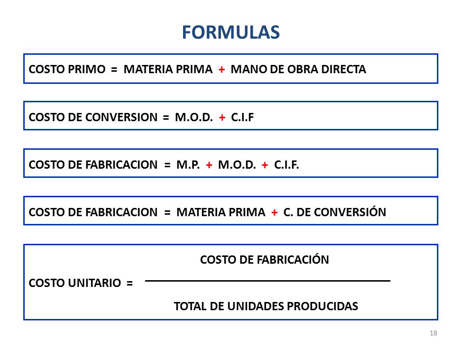 FORMULAS COSTO PRIMO = MATERIA PRIMA + MANO DE OBRA DIRECTA