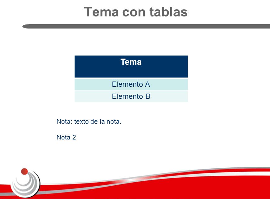 Tema con tablas Tema Elemento A Elemento B Nota: texto de la nota.
