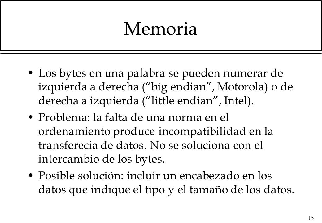 Memoria Los bytes en una palabra se pueden numerar de izquierda a derecha ( big endian , Motorola) o de derecha a izquierda ( little endian , Intel).