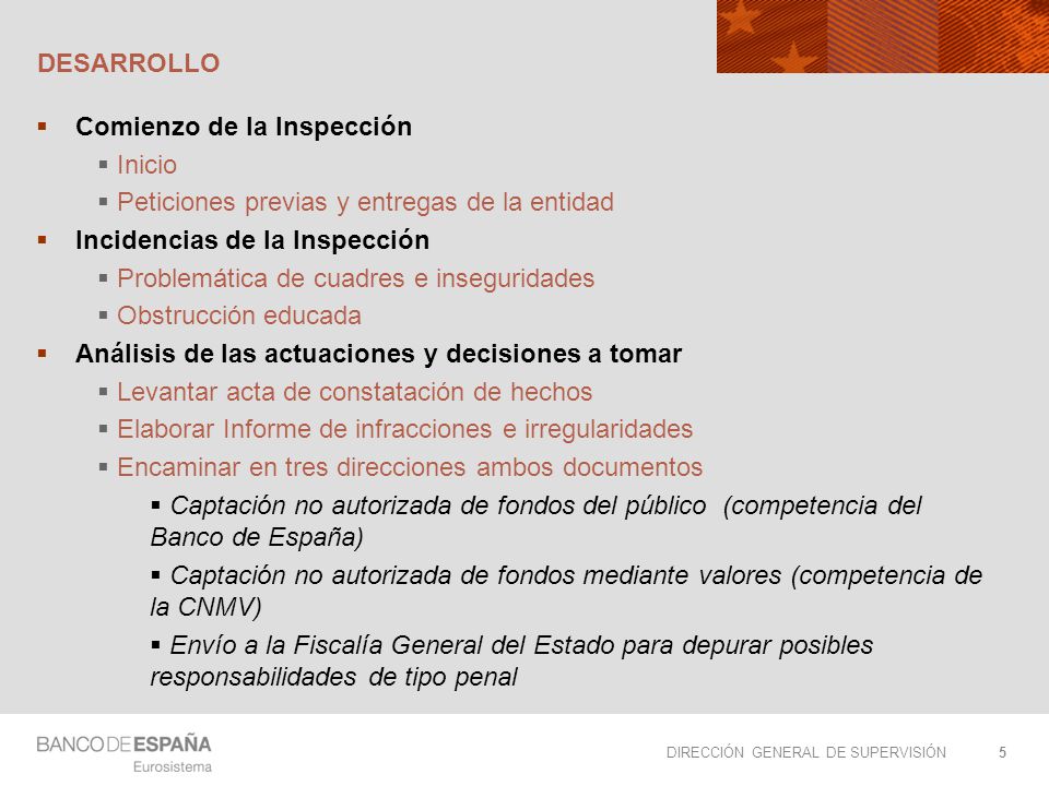 desarrollo Comienzo de la Inspección. Inicio. Peticiones previas y entregas de la entidad. Incidencias de la Inspección.