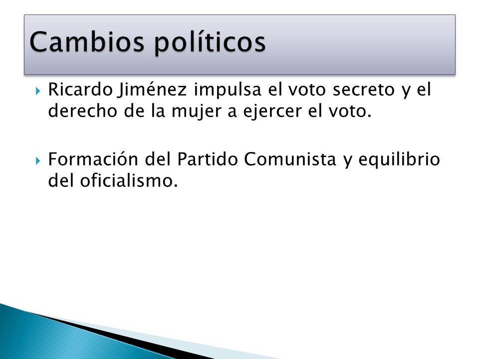Cambios políticos Ricardo Jiménez impulsa el voto secreto y el derecho de la mujer a ejercer el voto.