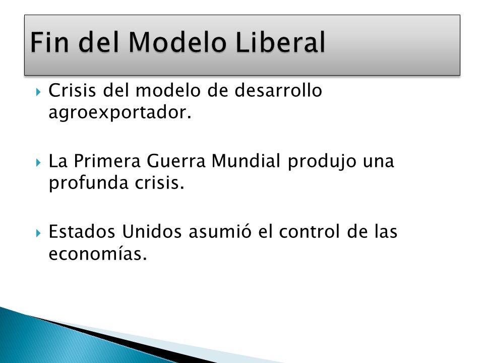 Fin del Modelo Liberal Crisis del modelo de desarrollo agroexportador.
