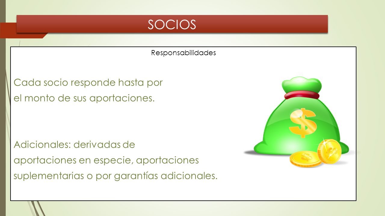 SOCIOS Cada socio responde hasta por el monto de sus aportaciones.
