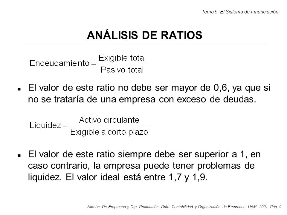 ANÁLISIS DE RATIOS El valor de este ratio no debe ser mayor de 0,6, ya que si no se trataría de una empresa con exceso de deudas.