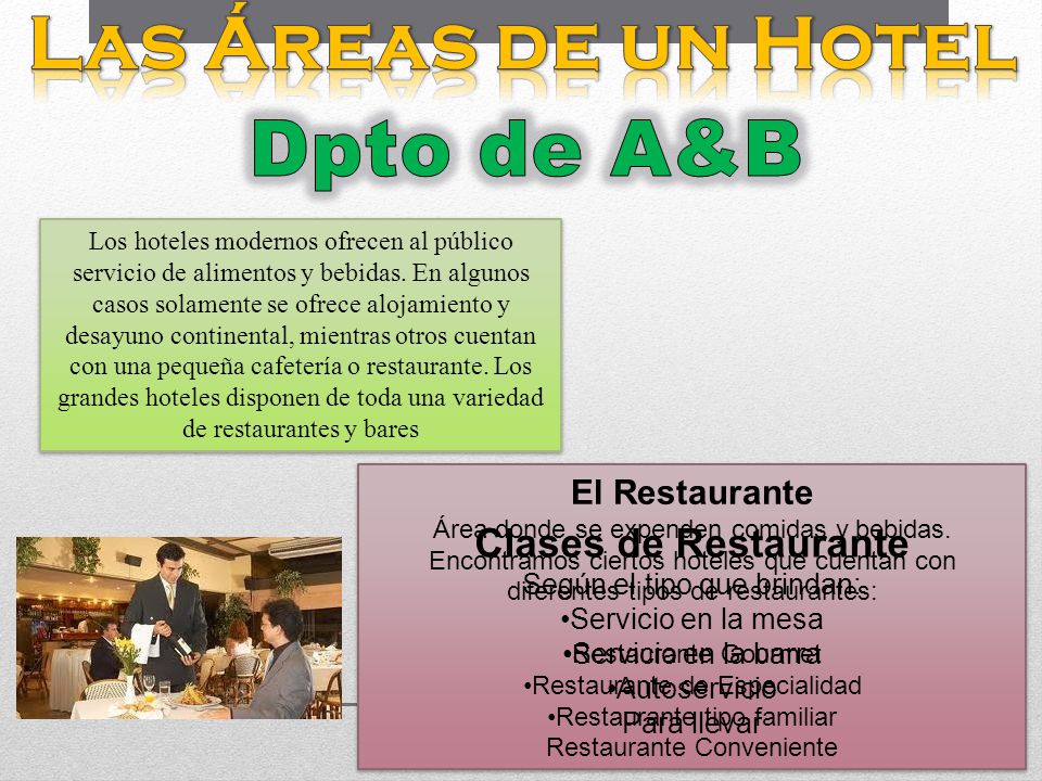 Las Áreas de un Hotel Dpto de A&B Clases de Restaurante El Restaurante