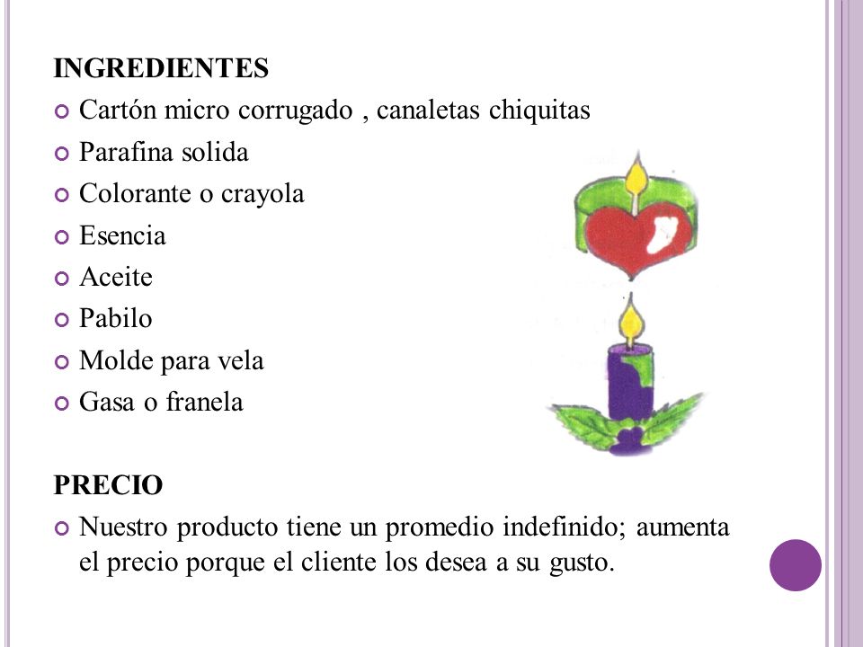 INGREDIENTES Cartón micro corrugado , canaletas chiquitas. Parafina solida. Colorante o crayola. Esencia.