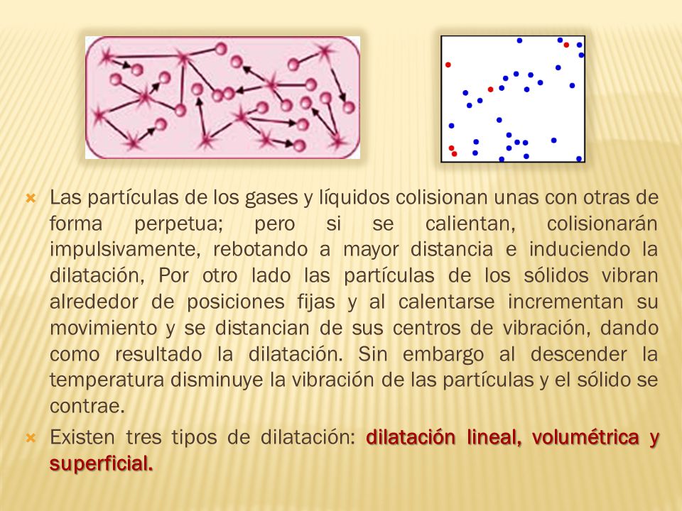 Las partículas de los gases y líquidos colisionan unas con otras de forma perpetua; pero si se calientan, colisionarán impulsivamente, rebotando a mayor distancia e induciendo la dilatación, Por otro lado las partículas de los sólidos vibran alrededor de posiciones fijas y al calentarse incrementan su movimiento y se distancian de sus centros de vibración, dando como resultado la dilatación. Sin embargo al descender la temperatura disminuye la vibración de las partículas y el sólido se contrae.