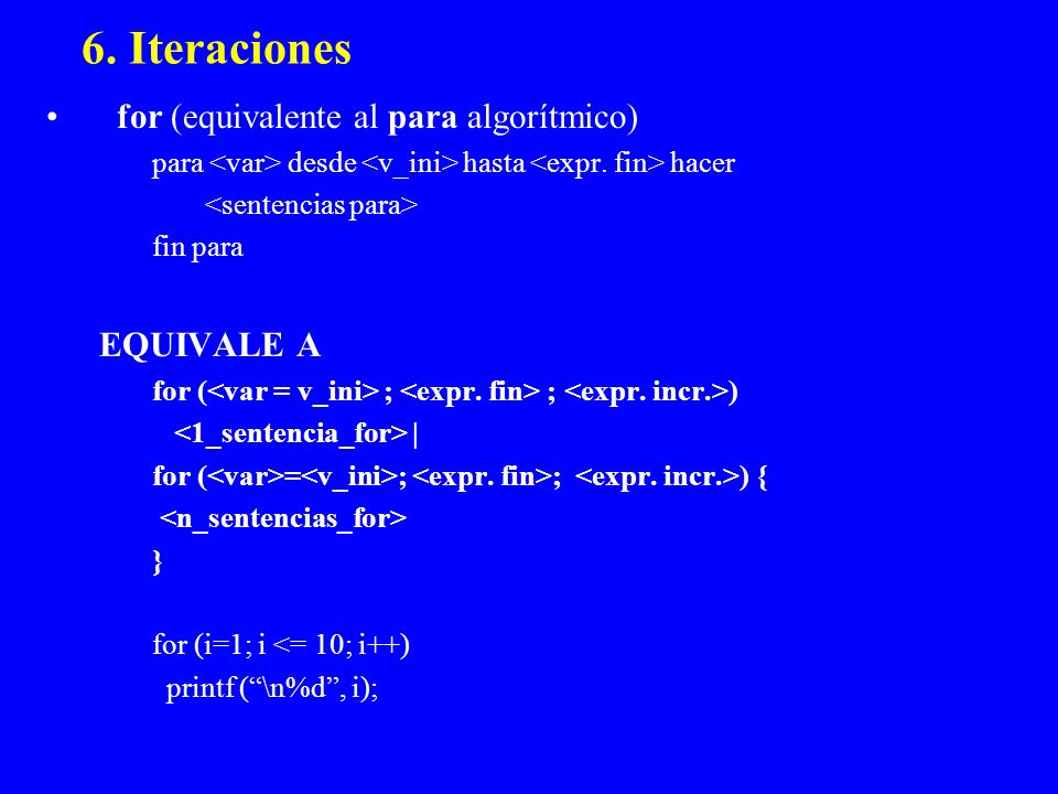 6. Iteraciones for (equivalente al para algorítmico) EQUIVALE A