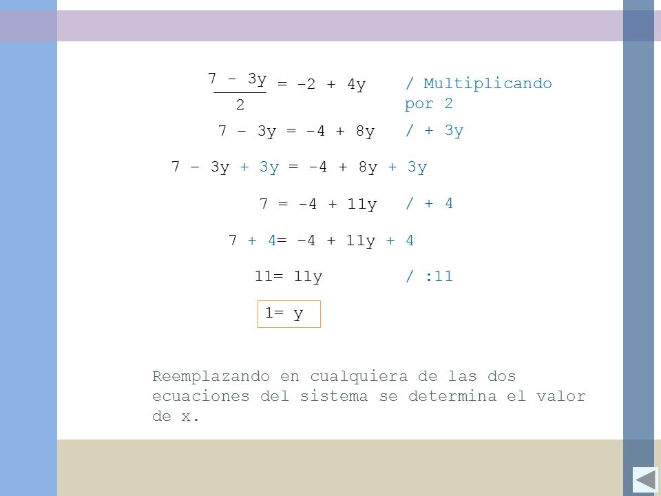 7 - 3y 2. = y. / Multiplicando por 2. 7 – 3y = y. / + 3y. 7 – 3y + 3y = y + 3y.