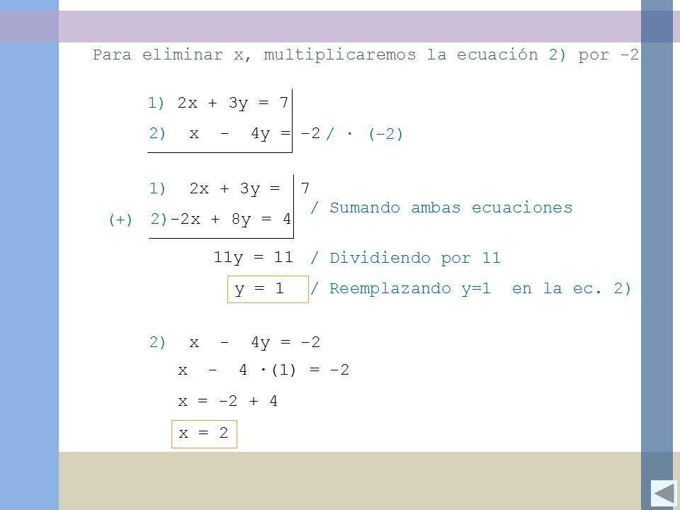 Para eliminar x, multiplicaremos la ecuación 2) por -2