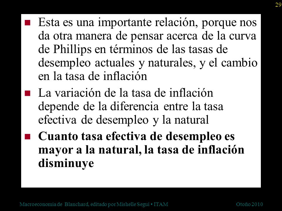 Esta es una importante relación, porque nos da otra manera de pensar acerca de la curva de Phillips en términos de las tasas de desempleo actuales y naturales, y el cambio en la tasa de inflación