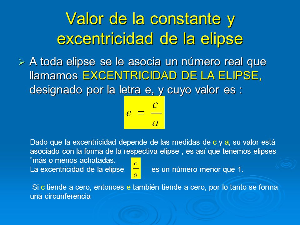 Valor de la constante y excentricidad de la elipse