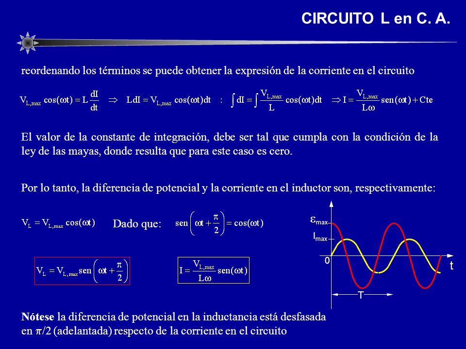 CIRCUITO L en C. A. reordenando los términos se puede obtener la expresión de la corriente en el circuito.