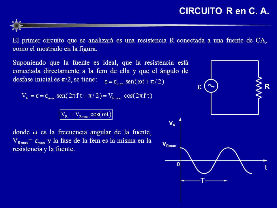 CIRCUITO R en C. A. El primer circuito que se analizará es una resistencia R conectada a una fuente de CA, como el mostrado en la figura.