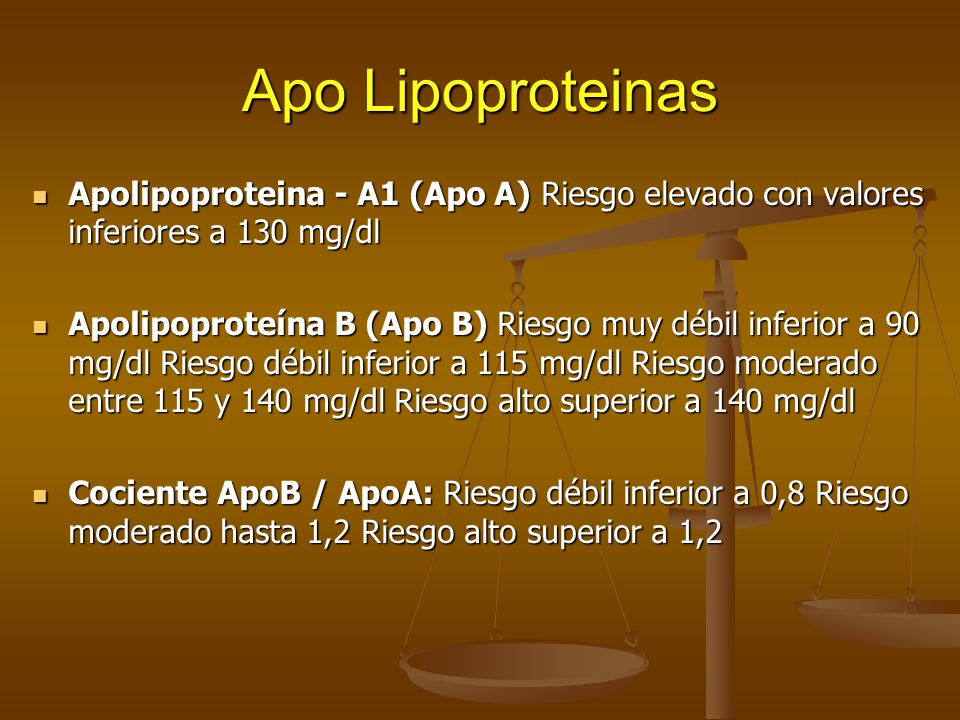 Apo Lipoproteinas Apolipoproteina - A1 (Apo A) Riesgo elevado con valores inferiores a 130 mg/dl.