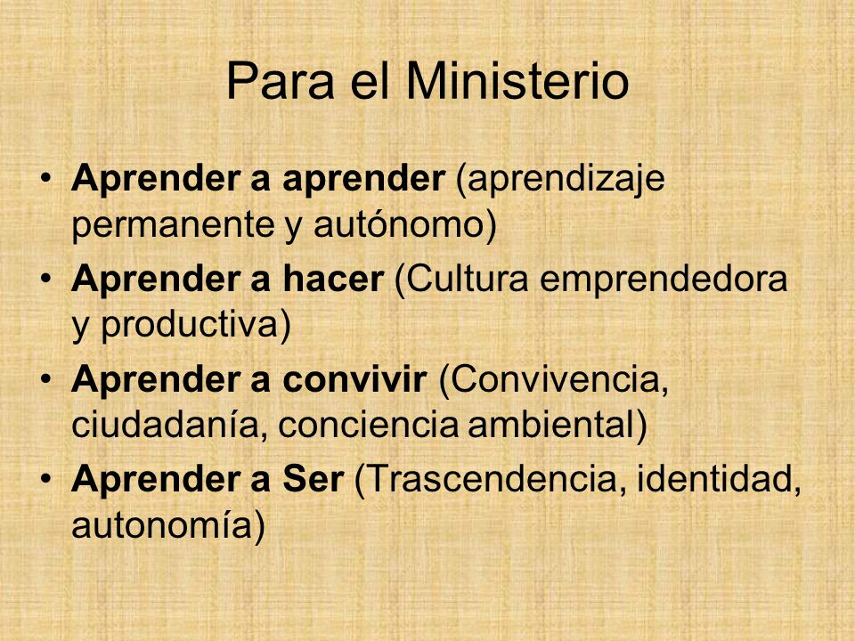 Para el Ministerio Aprender a aprender (aprendizaje permanente y autónomo) Aprender a hacer (Cultura emprendedora y productiva)