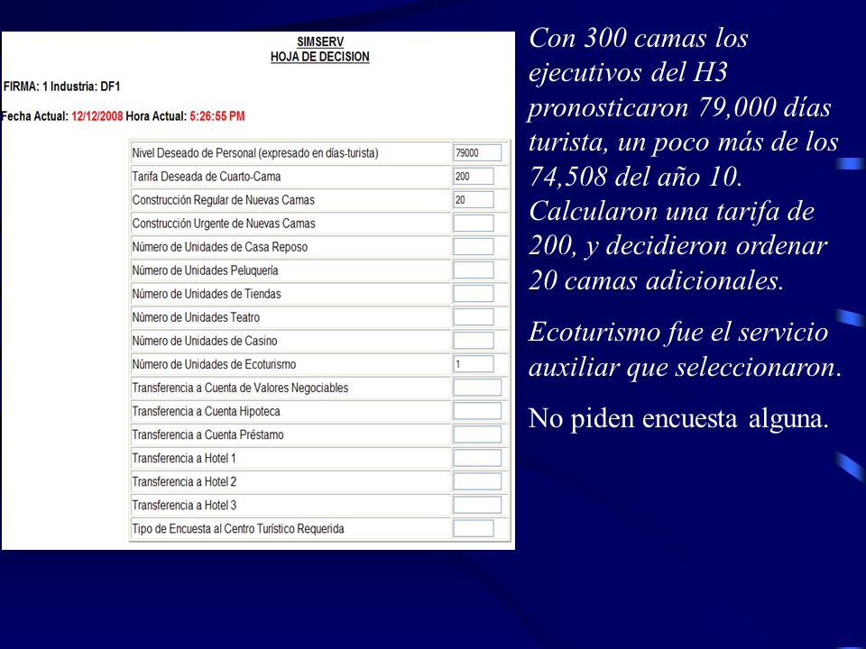 Con 300 camas los ejecutivos del H3 pronosticaron 79,000 días turista, un poco más de los 74,508 del año 10. Calcularon una tarifa de 200, y decidieron ordenar 20 camas adicionales.