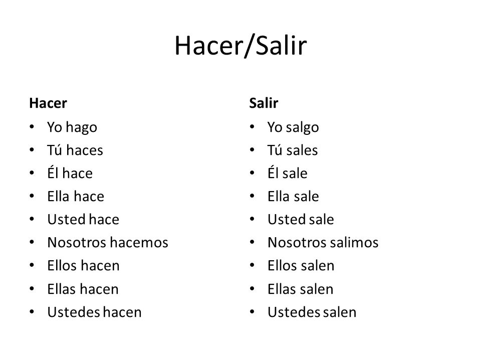 Hacer/Salir Hacer Salir Yo hago Tú haces Él hace Ella hace Usted hace