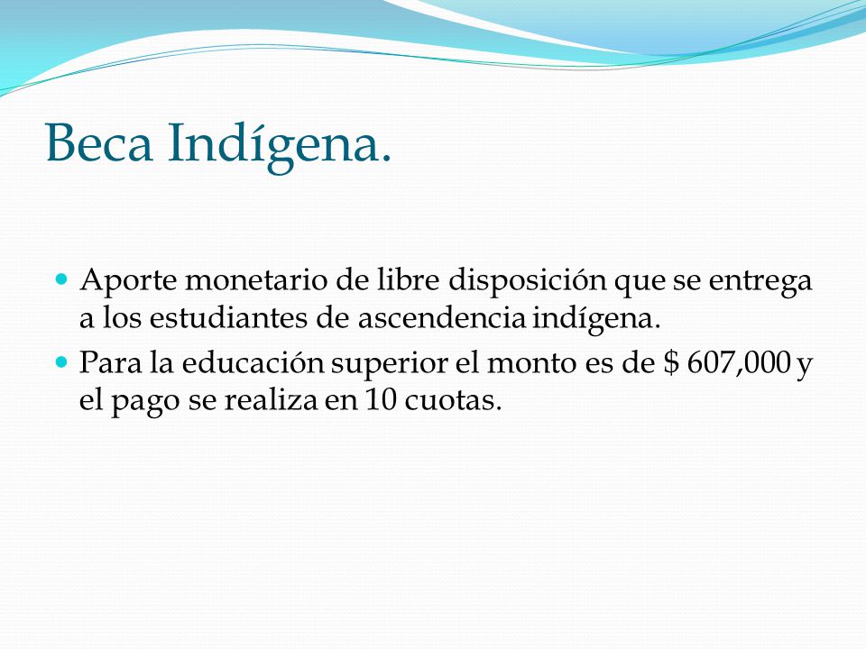 Beca Indígena. Aporte monetario de libre disposición que se entrega a los estudiantes de ascendencia indígena.
