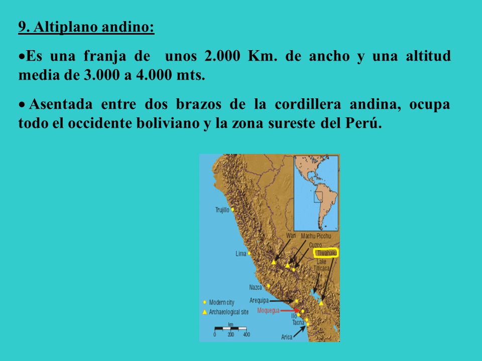 9. Altiplano andino: Es una franja de unos Km. de ancho y una altitud media de a mts.