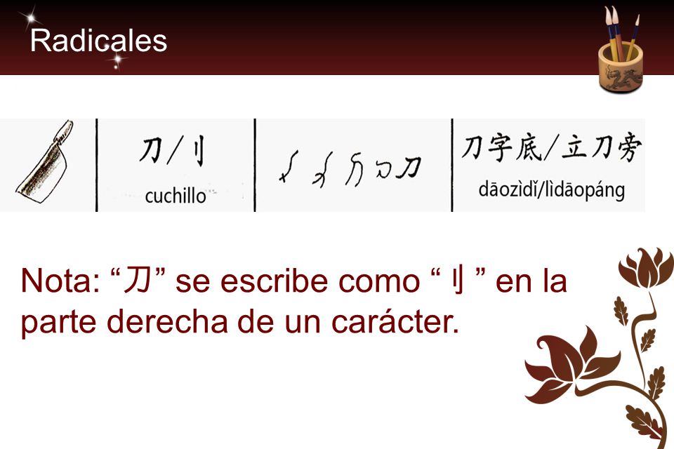 Nota: 刀 se escribe como 刂 en la parte derecha de un carácter.