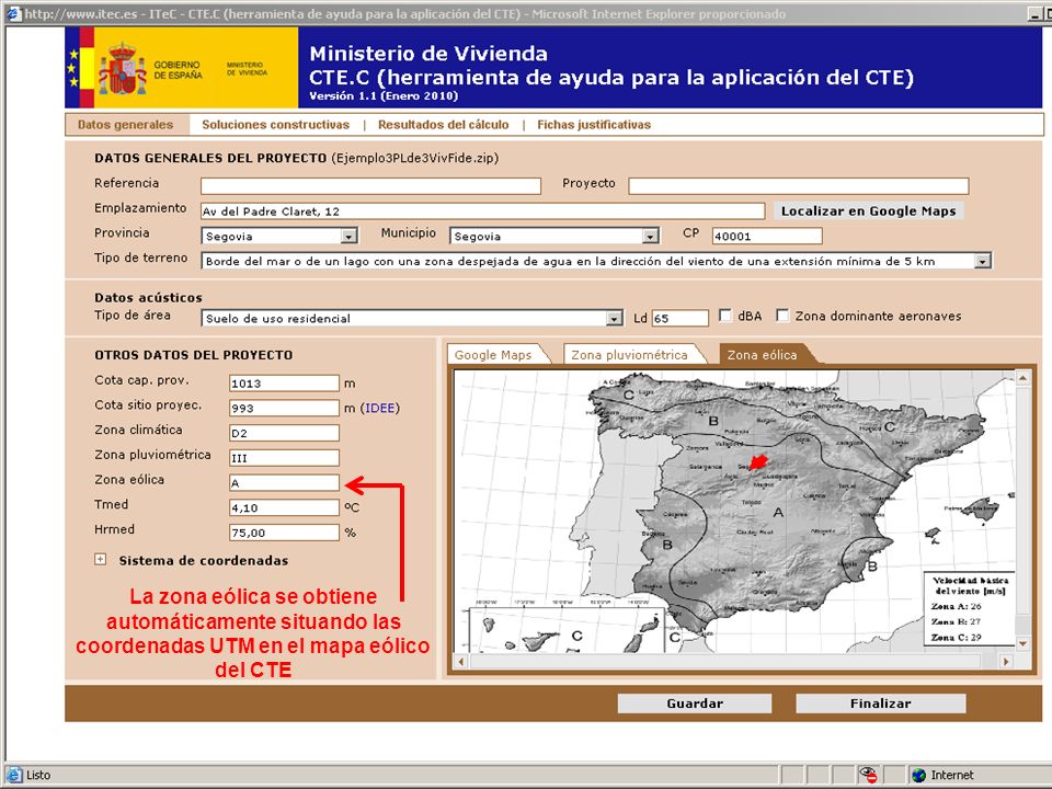 La zona eólica se obtiene automáticamente situando las coordenadas UTM en el mapa eólico del CTE
