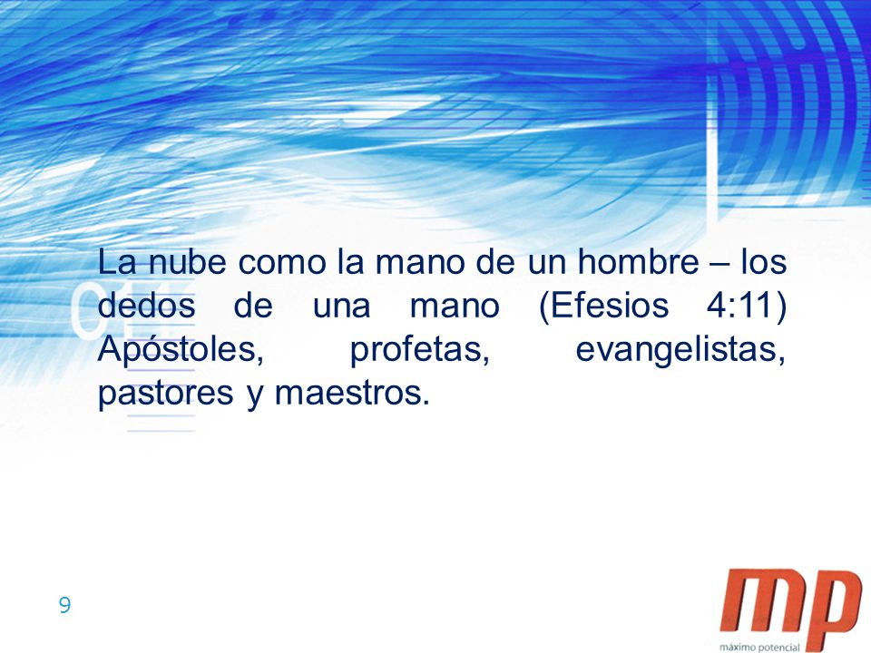 La nube como la mano de un hombre – los dedos de una mano (Efesios 4:11) Apóstoles, profetas, evangelistas, pastores y maestros.