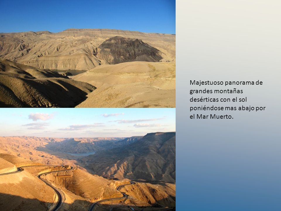 Majestuoso panorama de grandes montañas desérticas con el sol poniéndose mas abajo por el Mar Muerto.