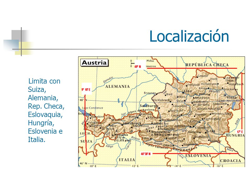 Localización Limita con Suiza, Alemania, Rep. Checa, Eslovaquia, Hungría, Eslovenia e Italia.