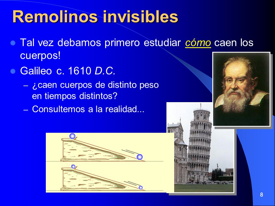 Remolinos invisibles Tal vez debamos primero estudiar cómo caen los cuerpos! Galileo c D.C.