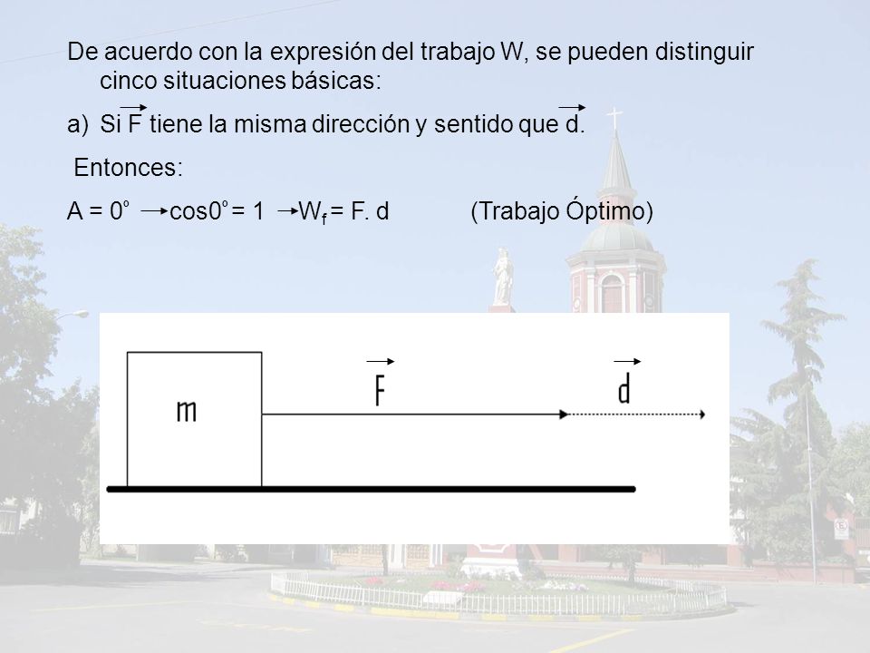 De acuerdo con la expresión del trabajo W, se pueden distinguir cinco situaciones básicas: