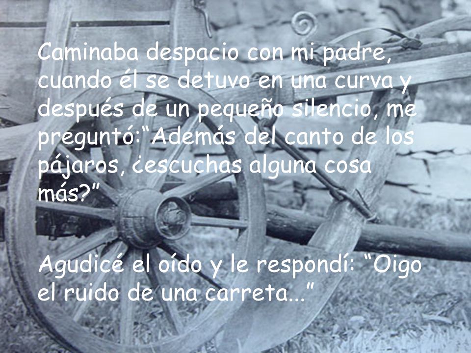 Caminaba despacio con mi padre, cuando él se detuvo en una curva y después de un pequeño silencio, me preguntó: Además del canto de los pájaros, ¿escuchas alguna cosa más