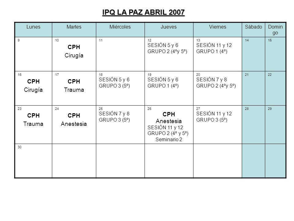 IPQ LA PAZ ABRIL 2007 CPH Cirugía Trauma Anestesia Lunes Martes