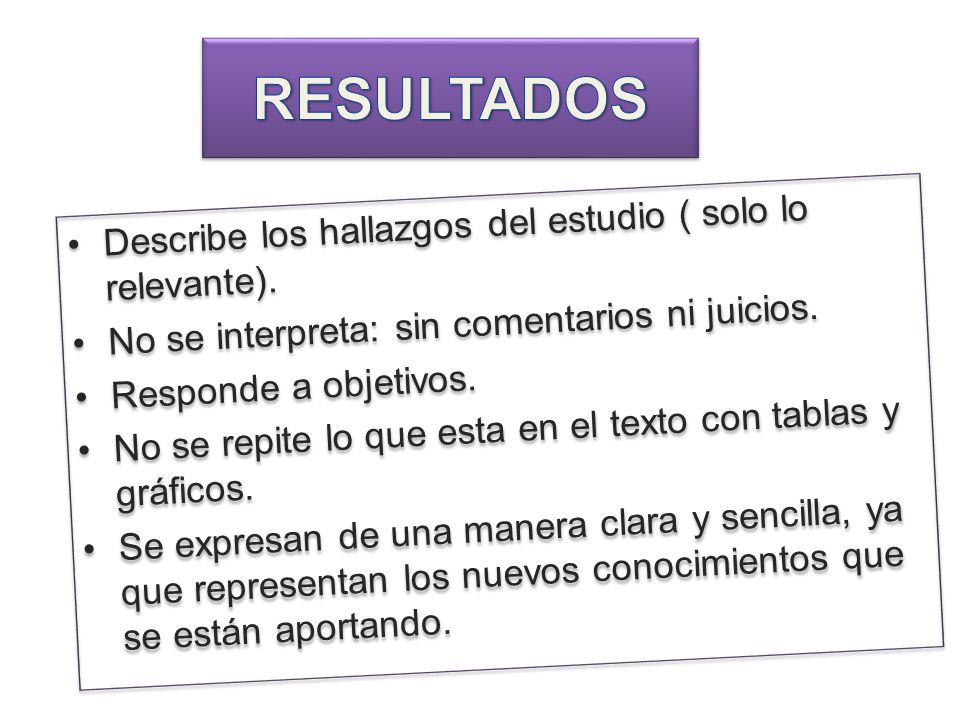 RESULTADOS Describe los hallazgos del estudio ( solo lo relevante).