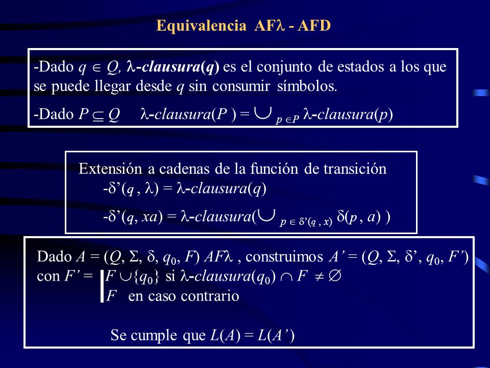 Equivalencia AF - AFD -Dado q  Q, -clausura(q) es el conjunto de estados a los que se puede llegar desde q sin consumir símbolos.