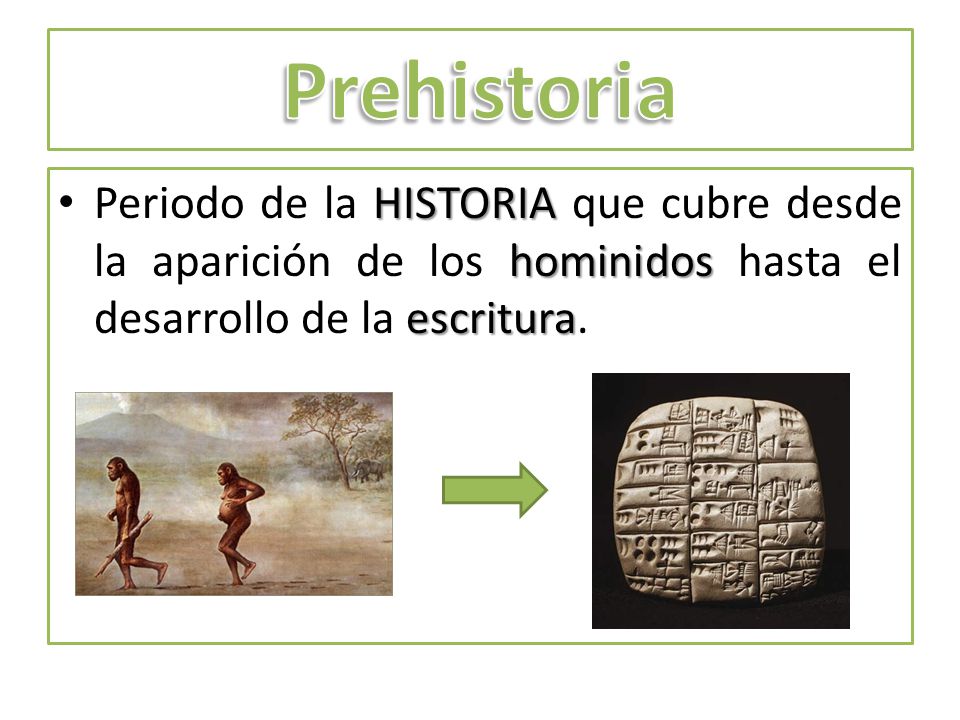 Prehistoria Periodo de la HISTORIA que cubre desde la aparición de los hominidos hasta el desarrollo de la escritura.