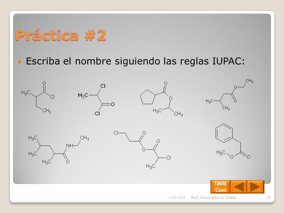 Práctica #2 Escriba el nombre siguiendo las reglas IUPAC: Tabla Cont