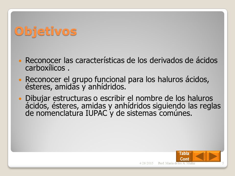 Objetivos Reconocer las características de los derivados de ácidos carboxílicos .
