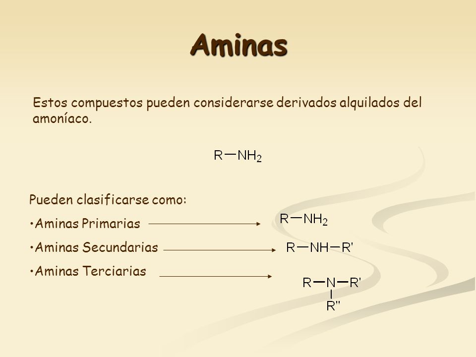 Aminas Estos compuestos pueden considerarse derivados alquilados del amoníaco. Pueden clasificarse como: