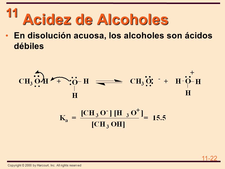 Acidez de Alcoholes En disolución acuosa, los alcoholes son ácidos débiles