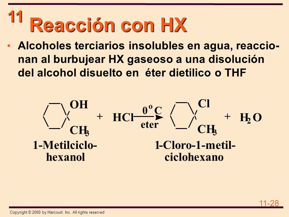 Reacción con HX CH OH HCl Cl H O 1 -Cloro-1-metil- ciclohexano