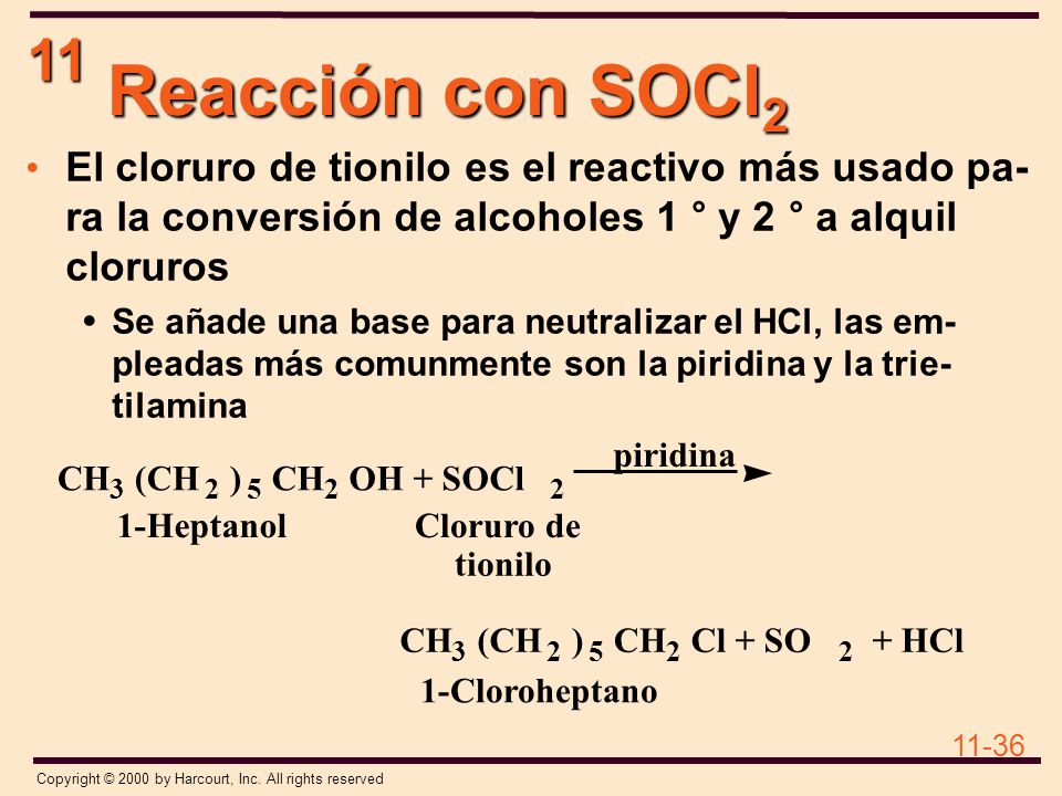 Reacción con SOCl2 El cloruro de tionilo es el reactivo más usado pa- ra la conversión de alcoholes 1 ° y 2 ° a alquil cloruros.